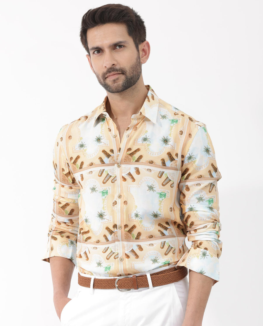 Rare Rabbit Men's Stivole Beige Viscose Tropical Print Regular Fit Full Sleeve Collared Shirt