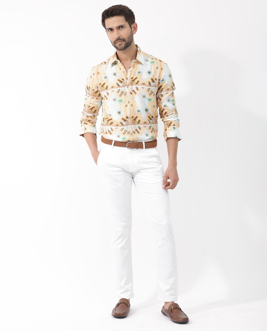 Rare Rabbit Men's Stivole Beige Viscose Tropical Print Regular Fit Full Sleeve Collared Shirt