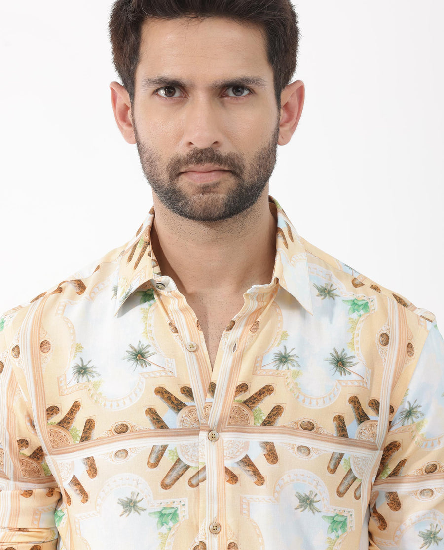 Rare Rabbit Men's Stivole Beige Viscose Tropical Print Regular Fit Full Sleeve Collared Shirt
