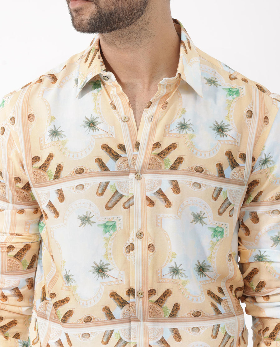 Rare Rabbit Men's Stivole Beige Viscose Tropical Print Regular Fit Full Sleeve Collared Shirt