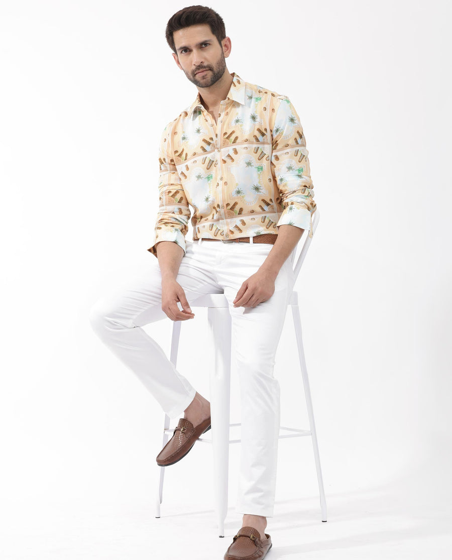 Rare Rabbit Men's Stivole Beige Viscose Tropical Print Regular Fit Full Sleeve Collared Shirt