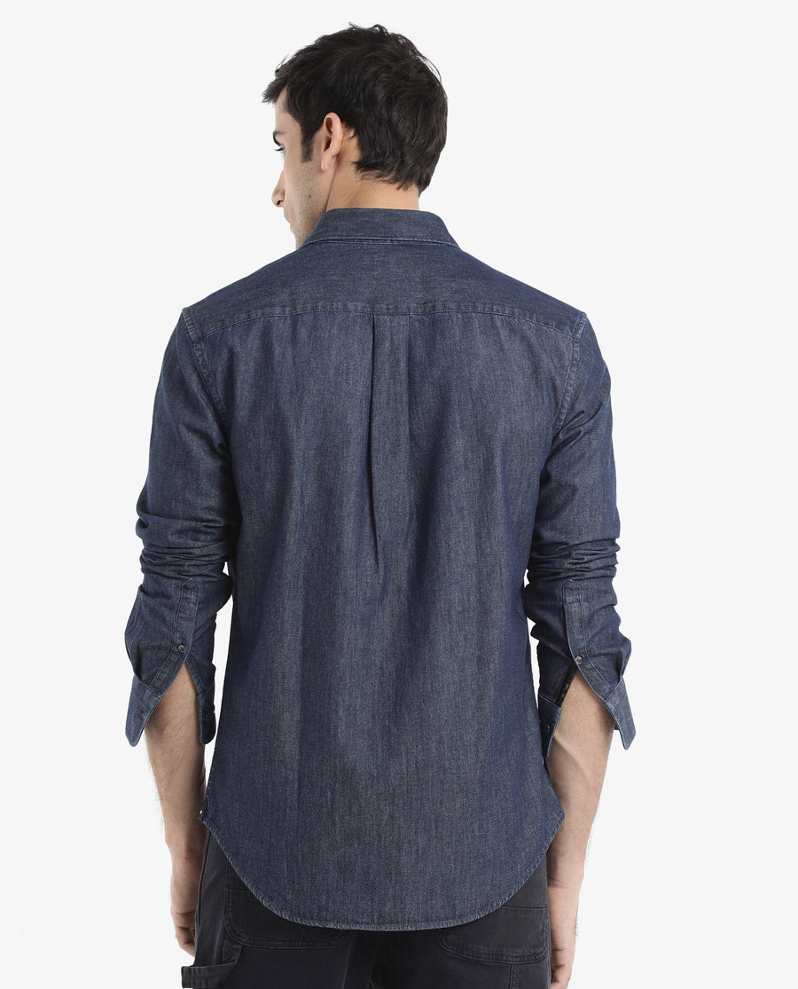 Rare Rabbit Men's Storm Dark Blue Cotton Plain Regular Fit Full Sleeve Collared Denim Shirt