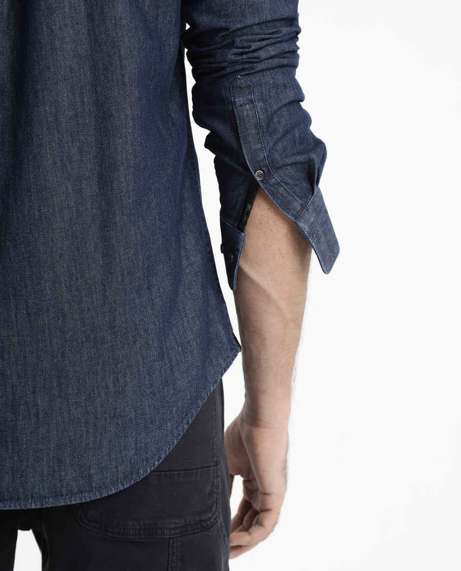 Rare Rabbit Men's Storm Dark Blue Cotton Plain Regular Fit Full Sleeve Collared Denim Shirt