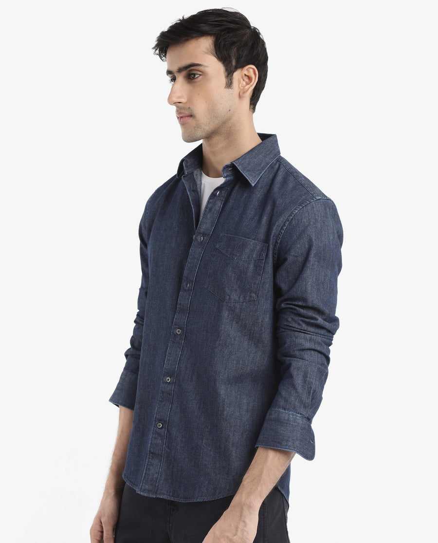 Rare Rabbit Men's Storm Dark Blue Cotton Plain Regular Fit Full Sleeve Collared Denim Shirt