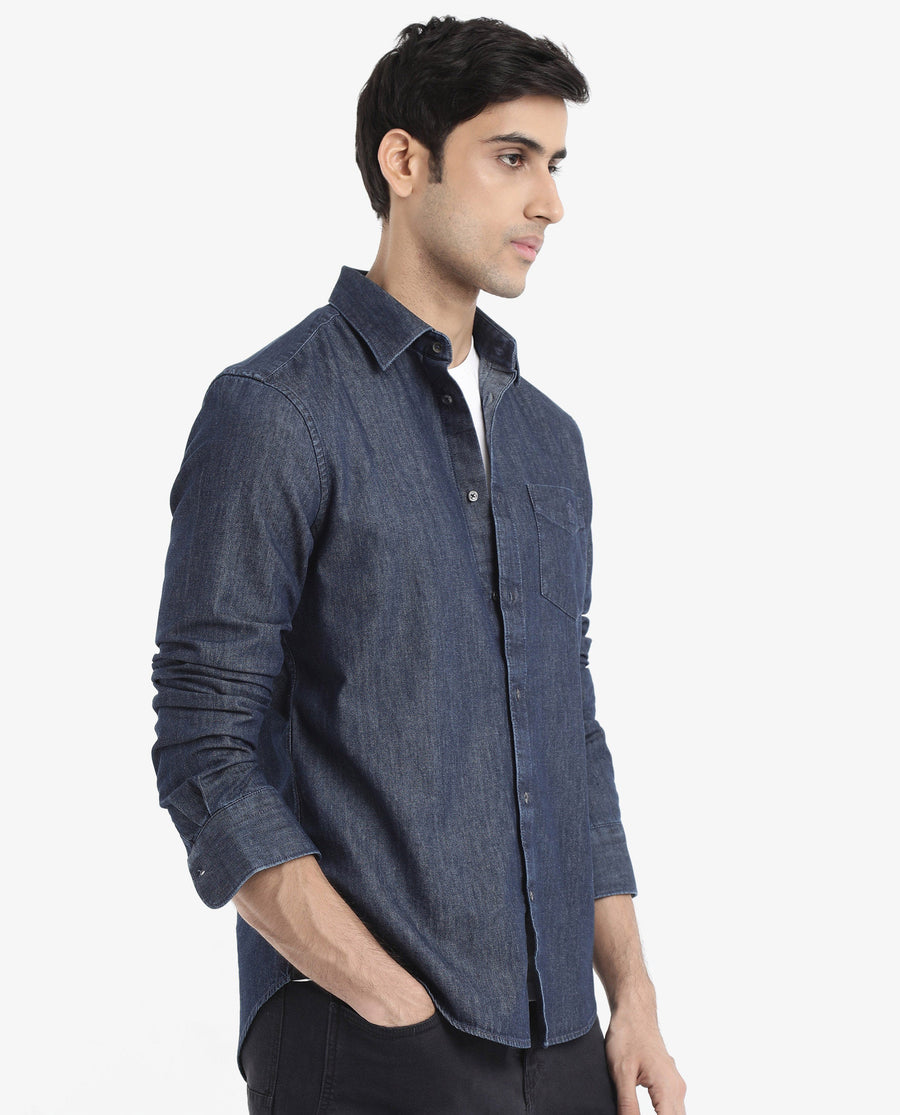 Rare Rabbit Men's Storm Dark Blue Cotton Plain Regular Fit Full Sleeve Collared Denim Shirt