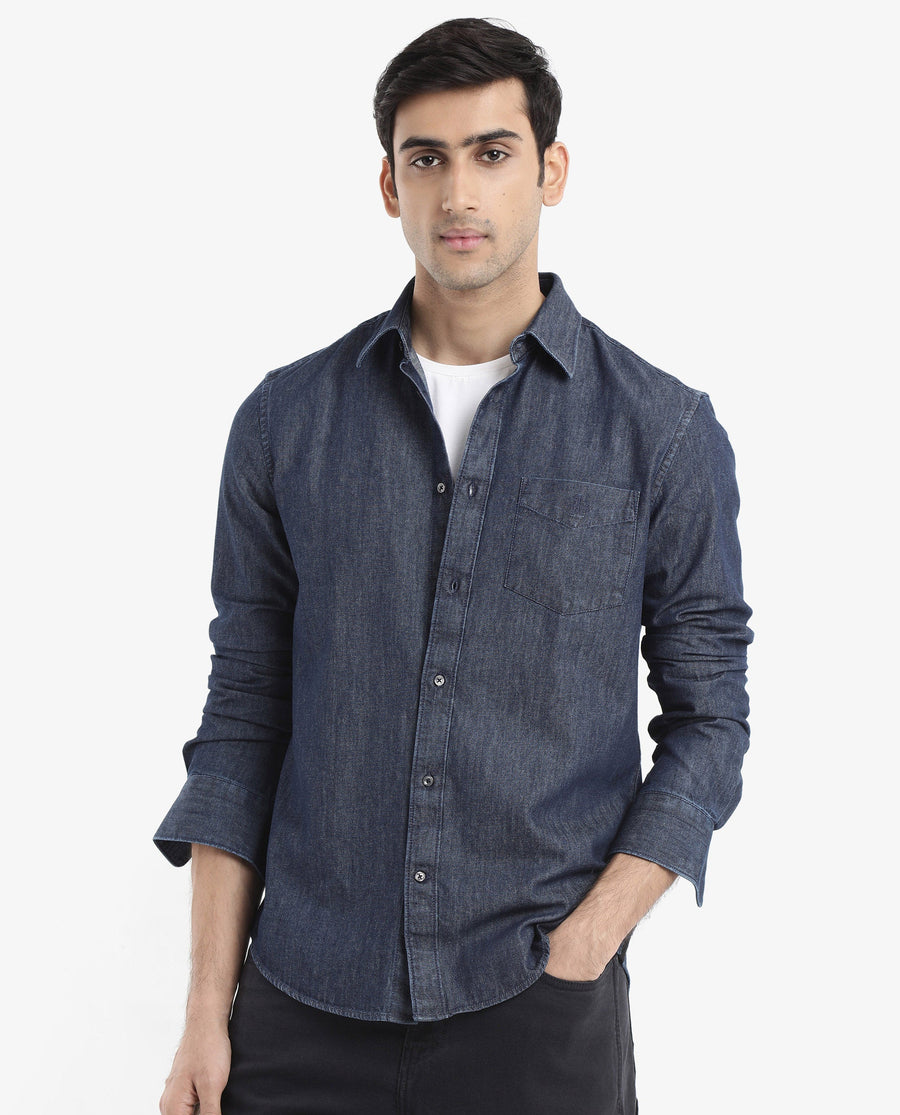Rare Rabbit Men's Storm Dark Blue Cotton Plain Regular Fit Full Sleeve Collared Denim Shirt