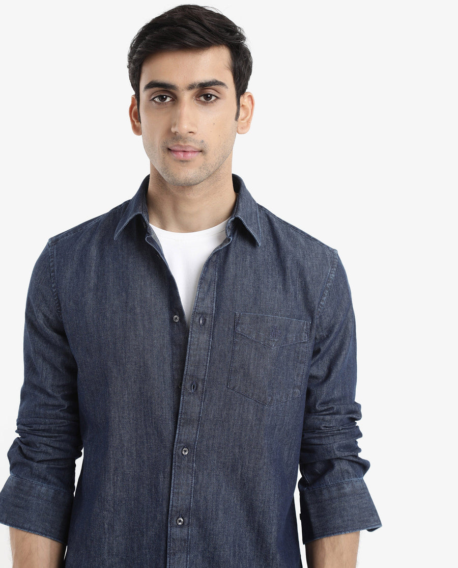 Rare Rabbit Men's Storm Dark Blue Cotton Plain Regular Fit Full Sleeve Collared Denim Shirt