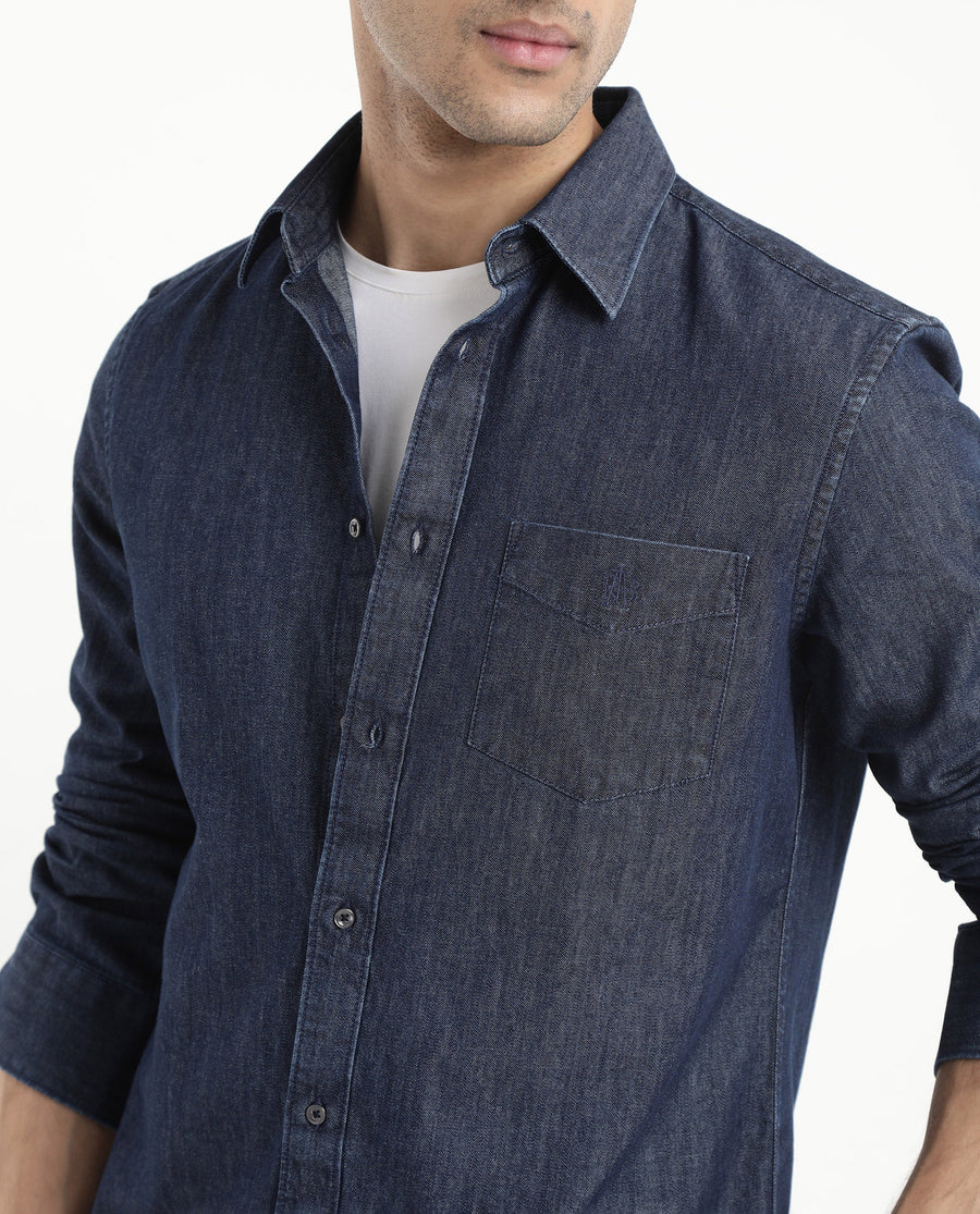 Rare Rabbit Men's Storm Dark Blue Cotton Plain Regular Fit Full Sleeve Collared Denim Shirt