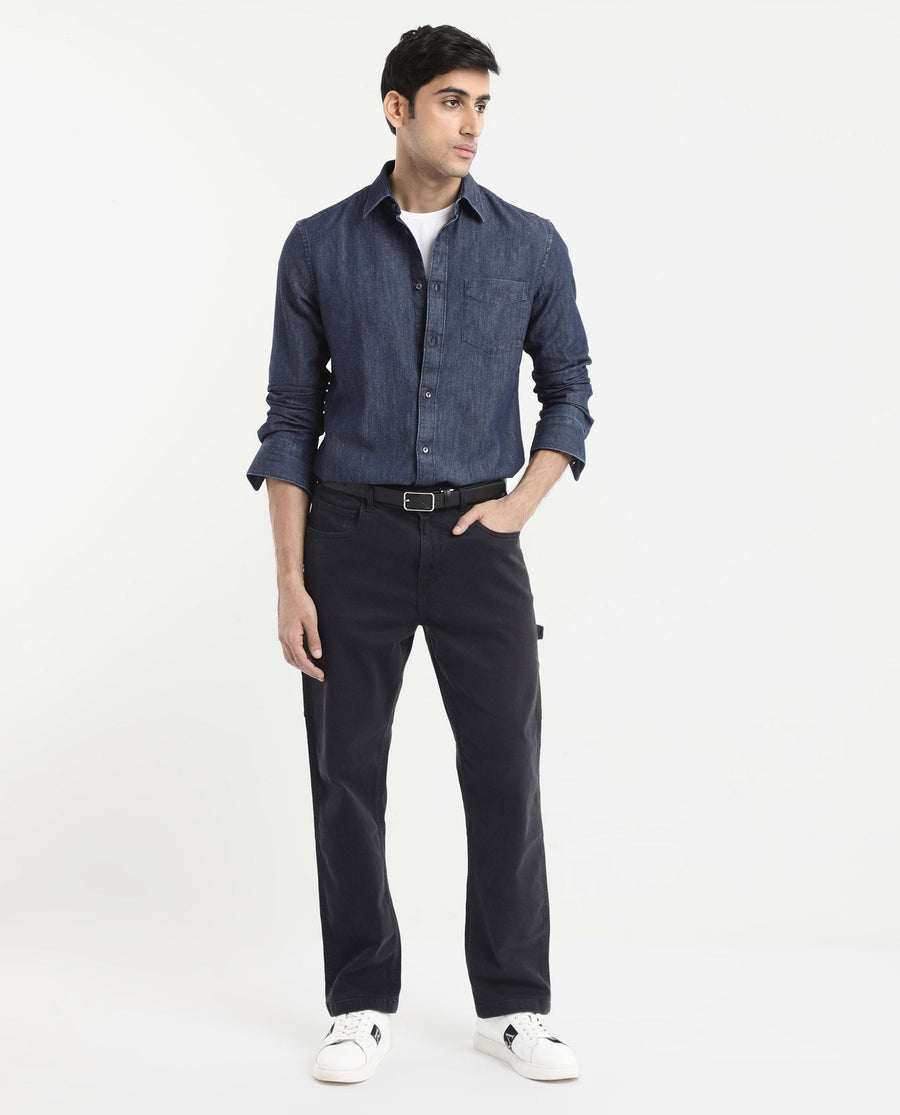 Rare Rabbit Men's Storm Dark Blue Cotton Plain Regular Fit Full Sleeve Collared Denim Shirt