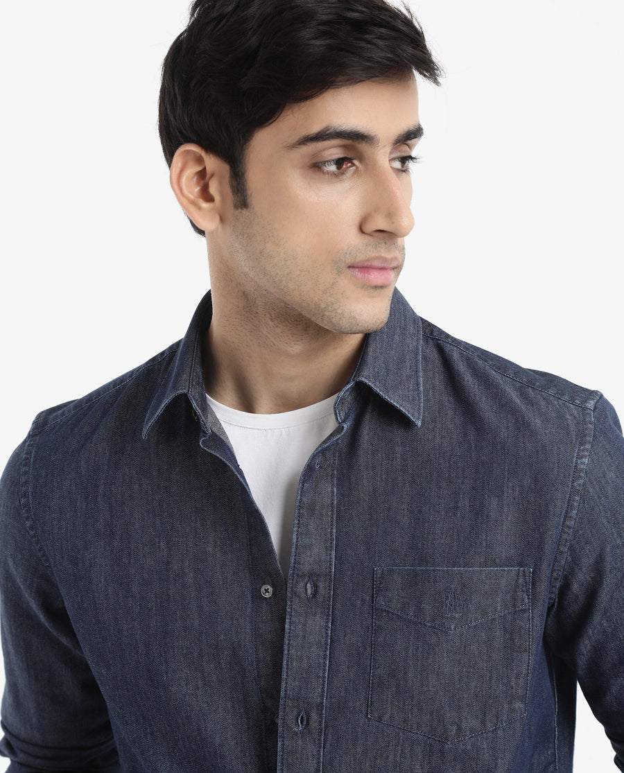 Rare Rabbit Men's Storm Dark Blue Cotton Plain Regular Fit Full Sleeve Collared Denim Shirt