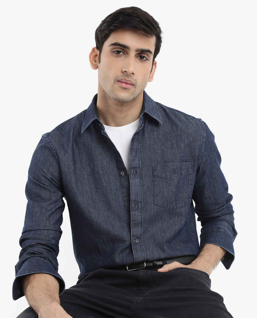 Rare Rabbit Men's Storm Dark Blue Cotton Plain Regular Fit Full Sleeve Collared Denim Shirt