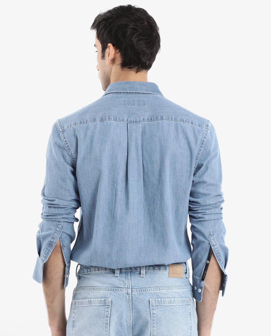 Rare Rabbit Men's Storm Light Blue Cotton Plain Regular Fit Full Sleeve Collared Denim Shirt