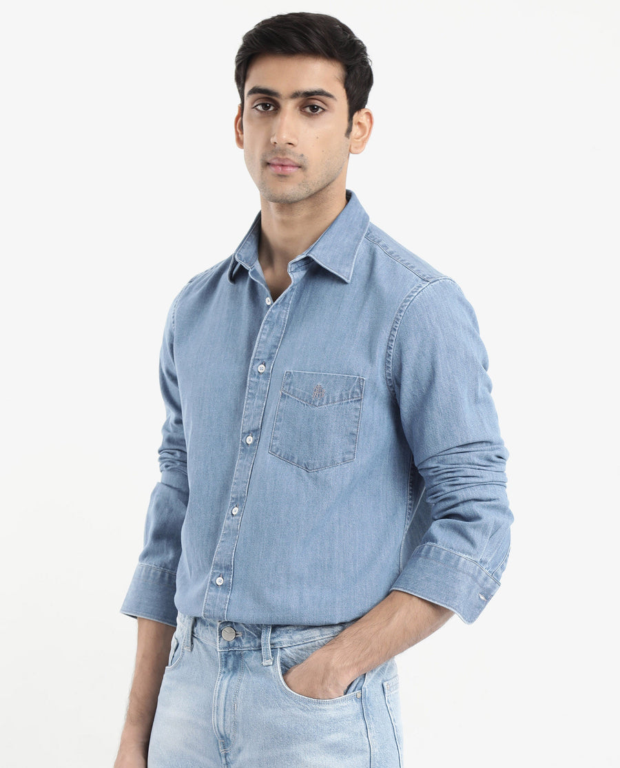 Rare Rabbit Men's Storm Light Blue Cotton Plain Regular Fit Full Sleeve Collared Denim Shirt