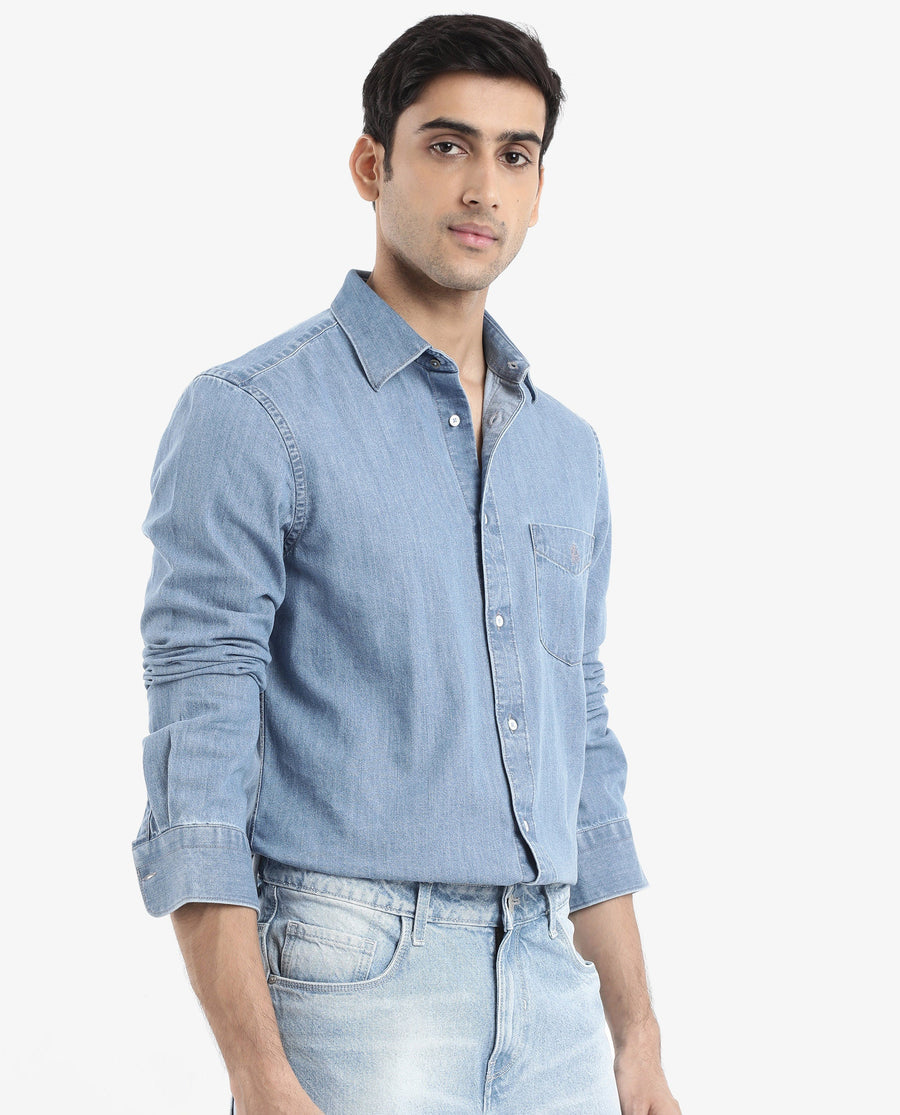 Rare Rabbit Men's Storm Light Blue Cotton Plain Regular Fit Full Sleeve Collared Denim Shirt