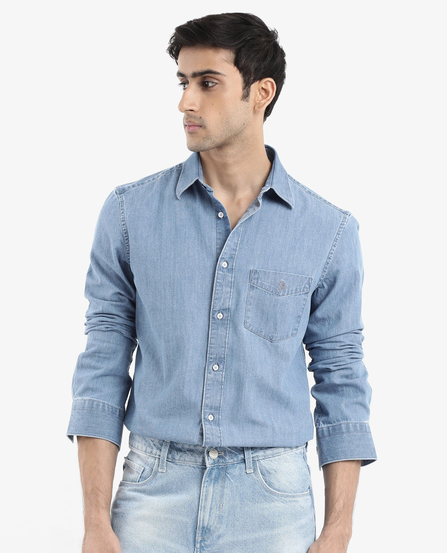 Rare Rabbit Men's Storm Light Blue Cotton Plain Regular Fit Full Sleeve Collared Denim Shirt