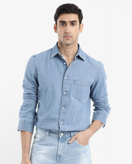 Rare Rabbit Men's Storm Light Blue Cotton Plain Regular Fit Full Sleeve Collared Denim Shirt