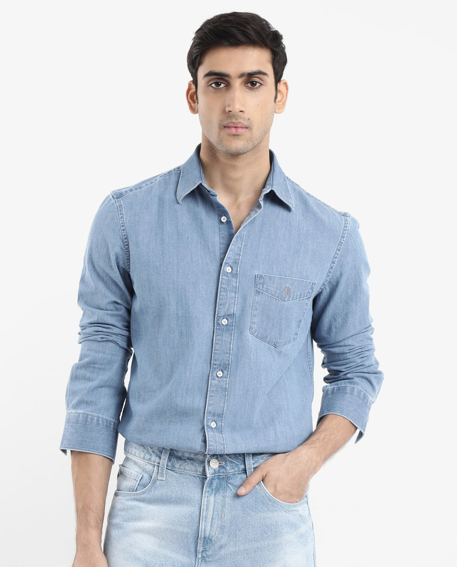 Rare Rabbit Men's Storm Light Blue Cotton Plain Regular Fit Full Sleeve Collared Denim Shirt