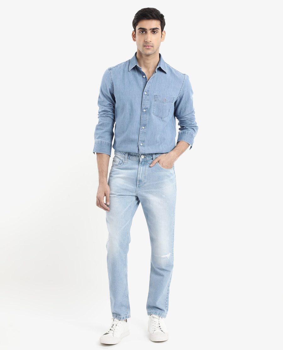 Rare Rabbit Men's Storm Light Blue Cotton Plain Regular Fit Full Sleeve Collared Denim Shirt