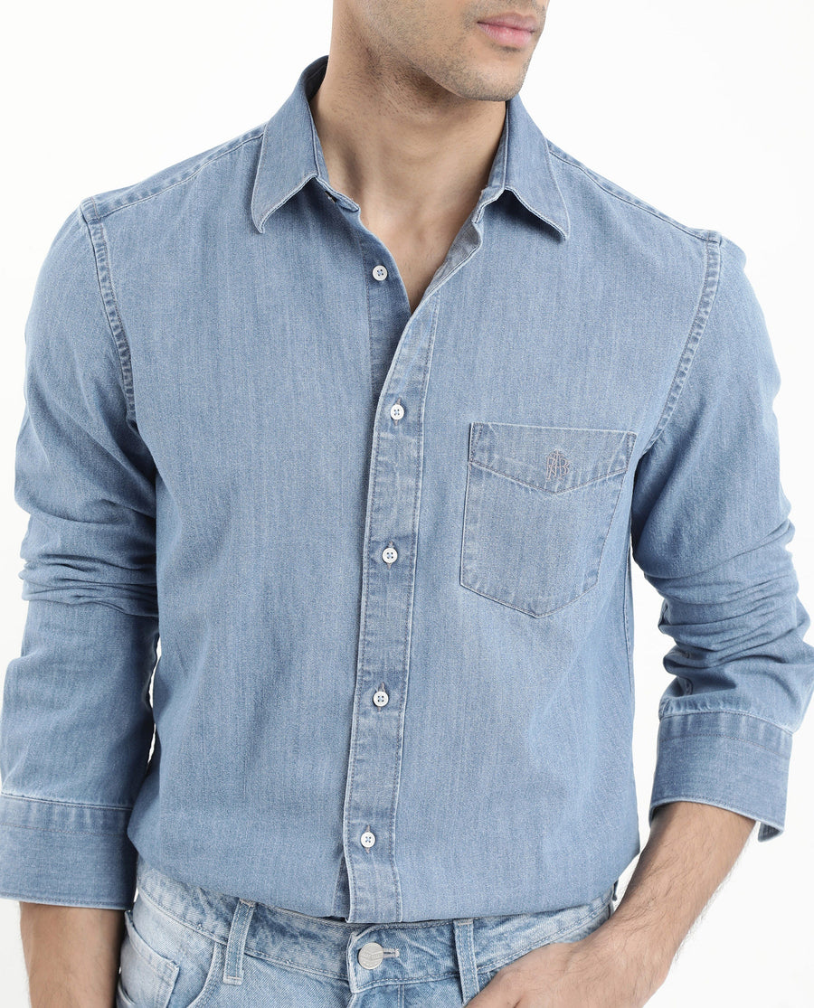 Rare Rabbit Men's Storm Light Blue Cotton Plain Regular Fit Full Sleeve Collared Denim Shirt