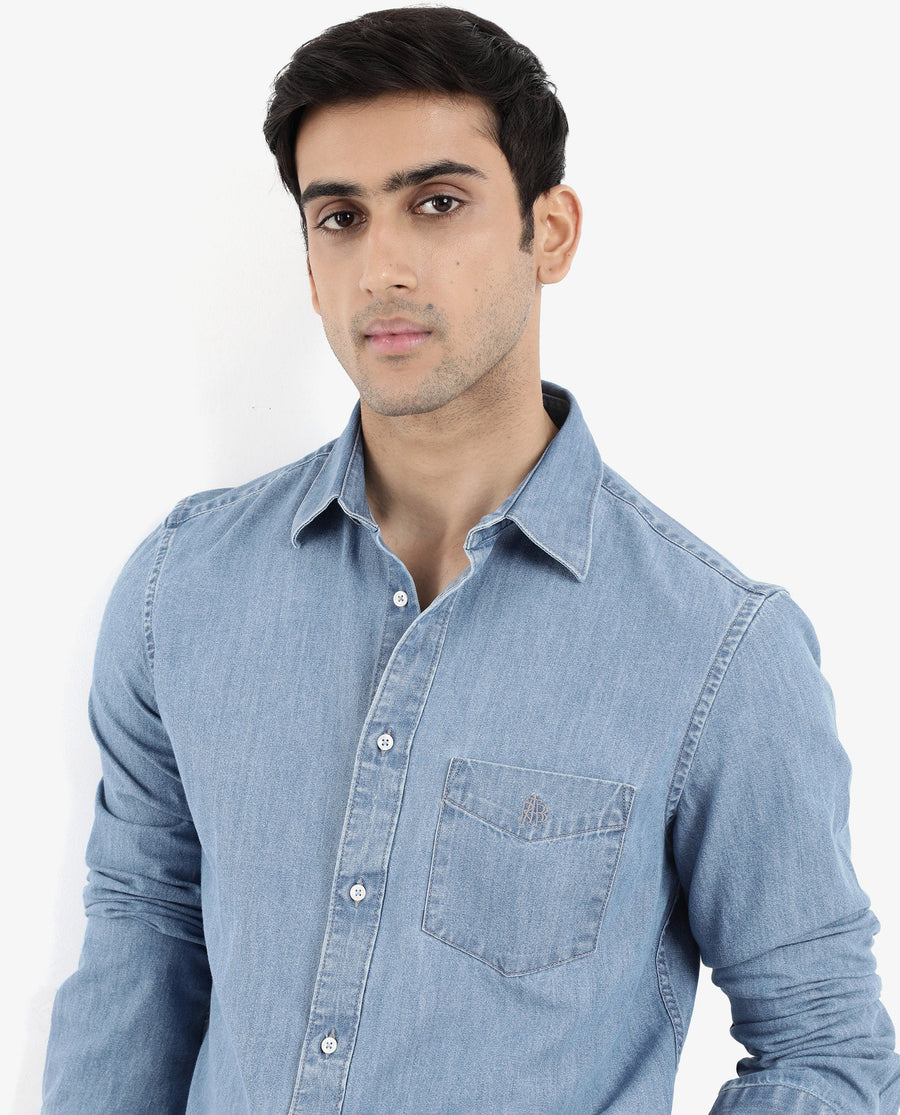 Rare Rabbit Men's Storm Light Blue Cotton Plain Regular Fit Full Sleeve Collared Denim Shirt