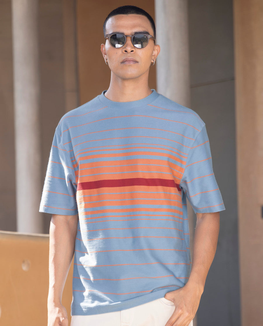 Rare Rabbit Men's Kot Dusky Blue Cotton Striped Print Oversized Fit Half Sleeve Crew Neck T-Shirt