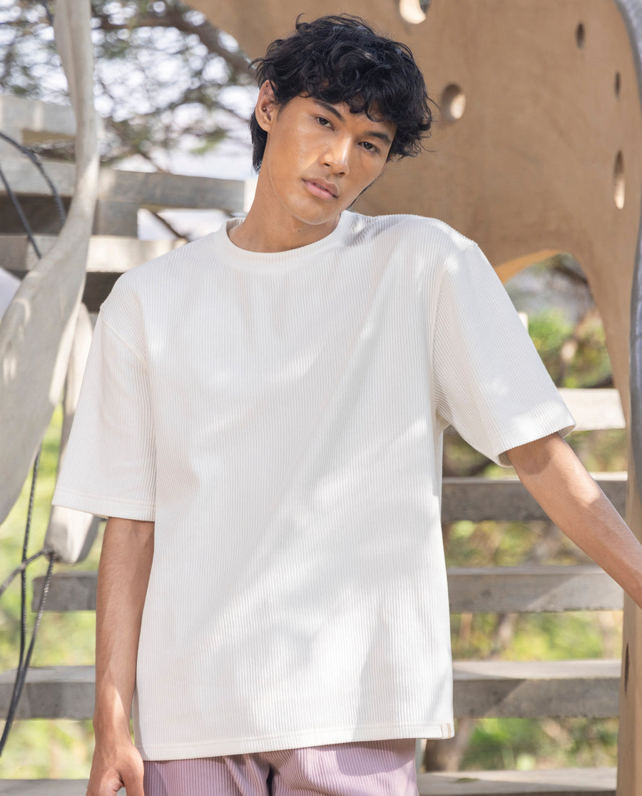 Rare Rabbit Men's Breet White Cotton Plain Oversized Fit Half Sleeve Crew Neck T-Shirt