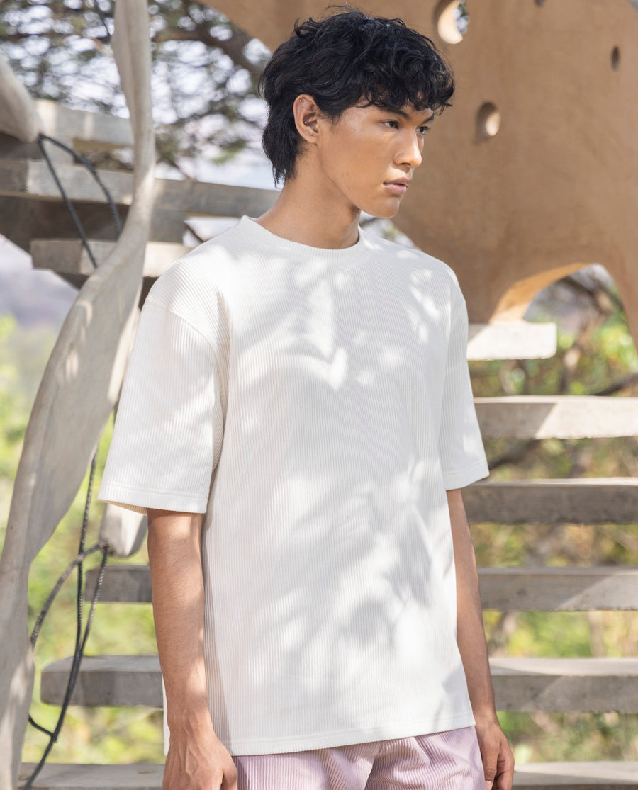 Rare Rabbit Men's Breet White Cotton Plain Oversized Fit Half Sleeve Crew Neck T-Shirt