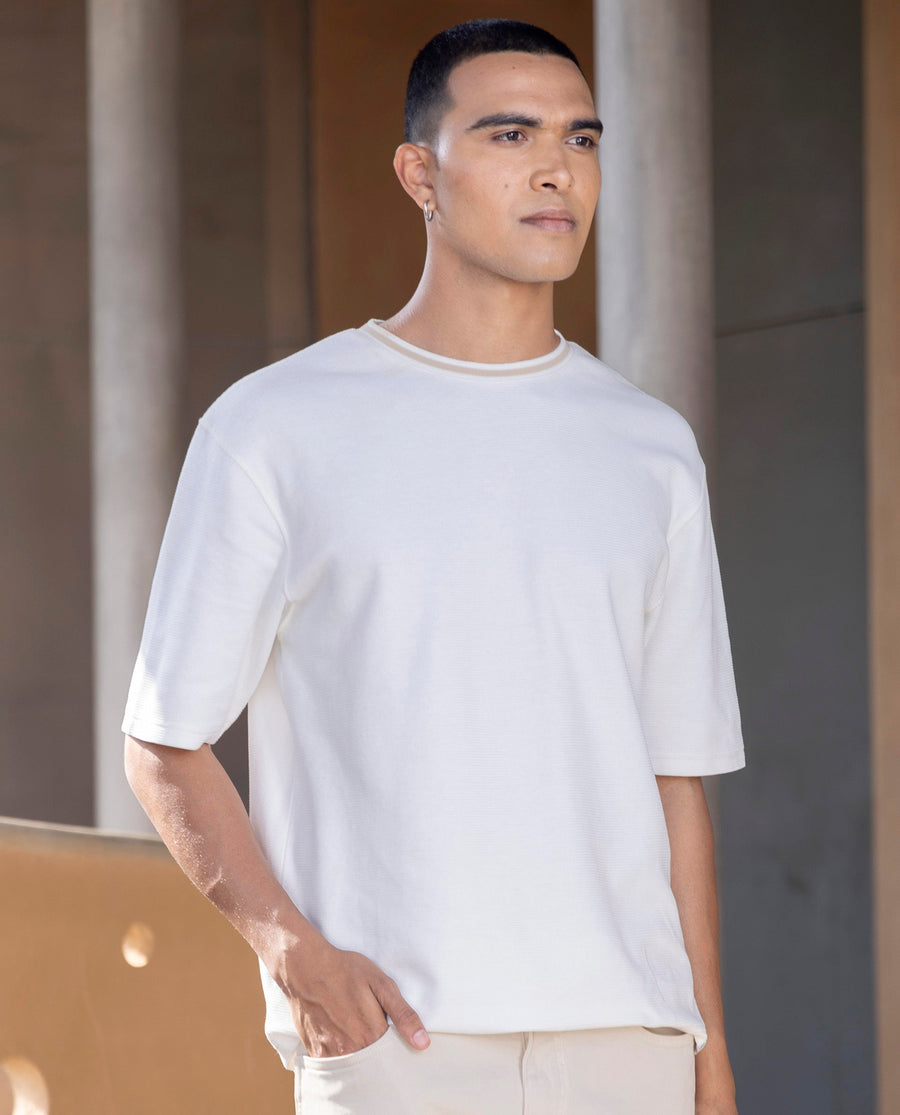 Rare Rabbit Men's Adiso Off White Cotton Blend Plain Oversized Fit Half Sleeve Crew Neck T-Shirt