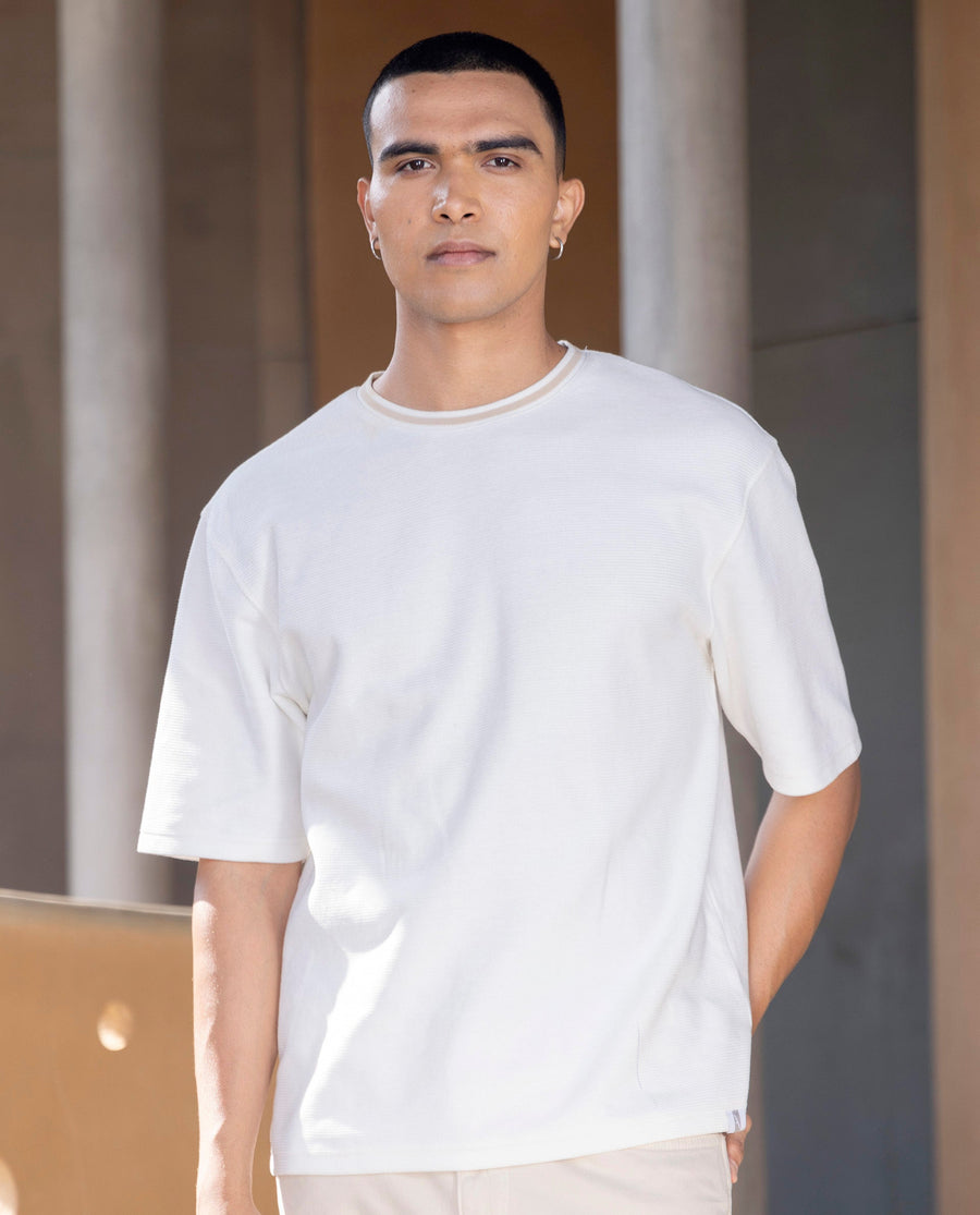 Rare Rabbit Men's Adiso Off White Cotton Blend Plain Oversized Fit Half Sleeve Crew Neck T-Shirt