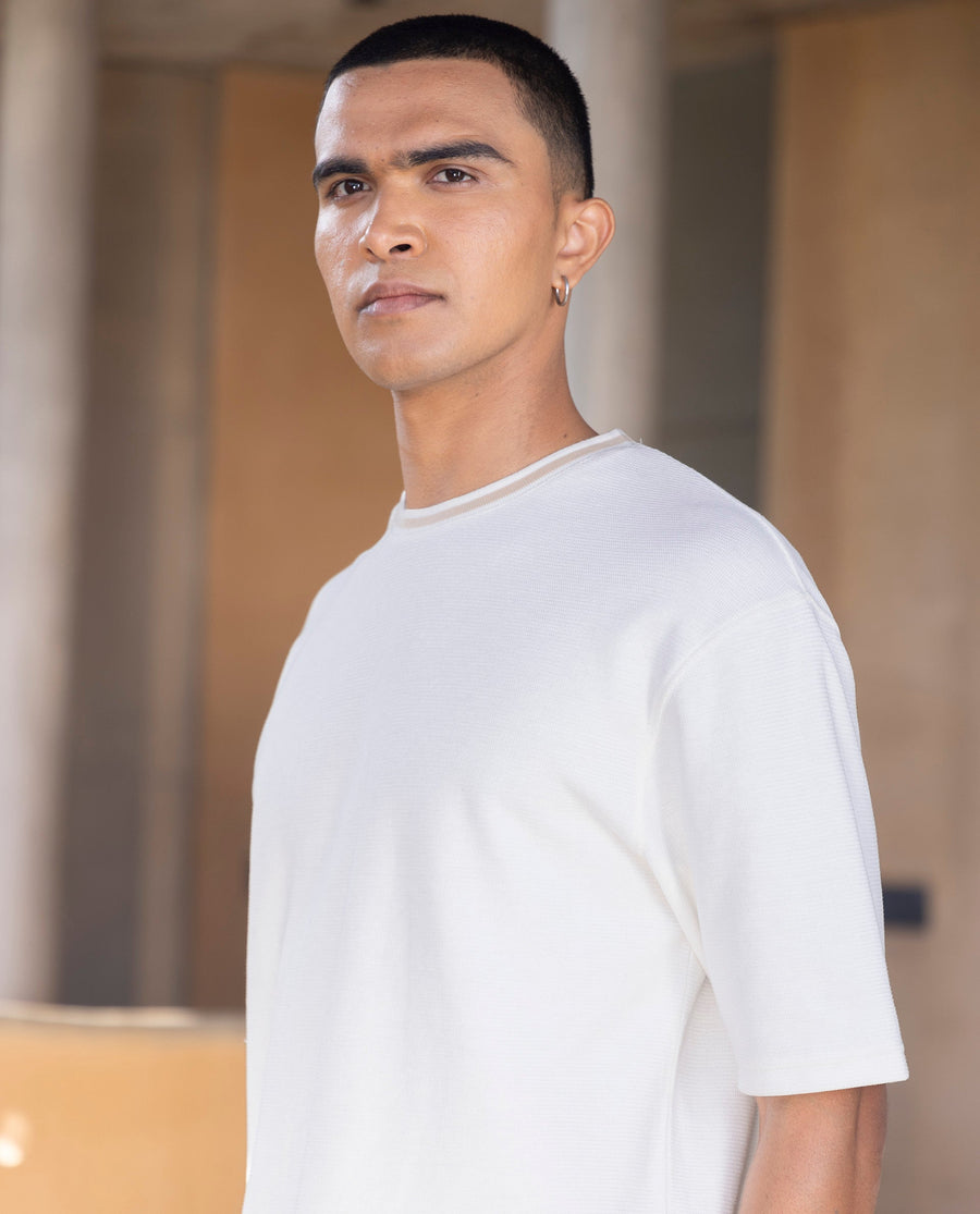 Rare Rabbit Men's Adiso Off White Cotton Blend Plain Oversized Fit Half Sleeve Crew Neck T-Shirt