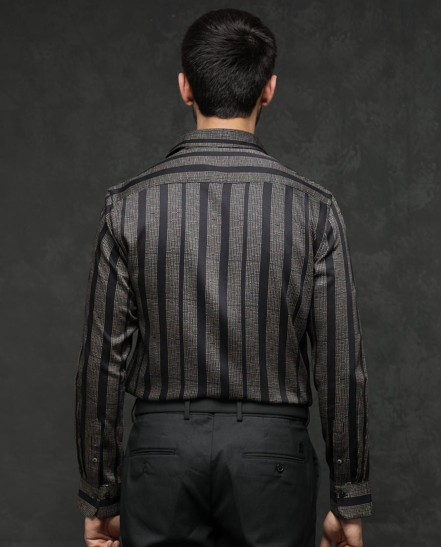 Rare Rabbit Men's Strim Black Viscose Striped Print Regular Fit Full Sleeve Collared Shirt