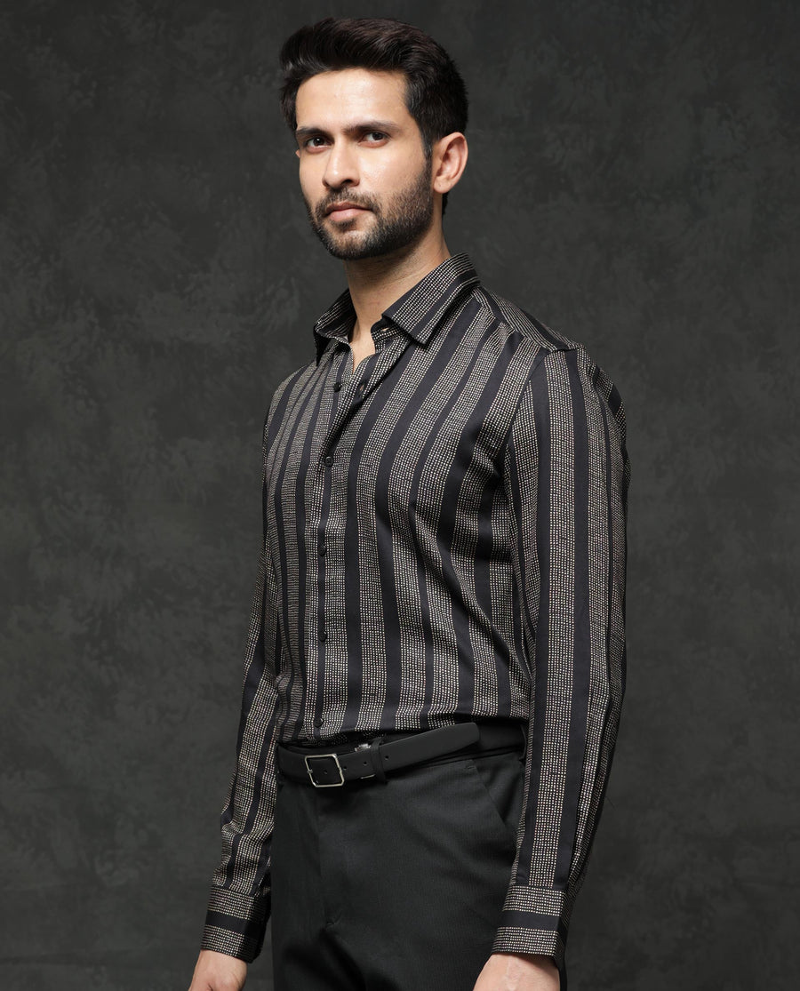 Rare Rabbit Men's Strim Black Viscose Striped Print Regular Fit Full Sleeve Collared Shirt