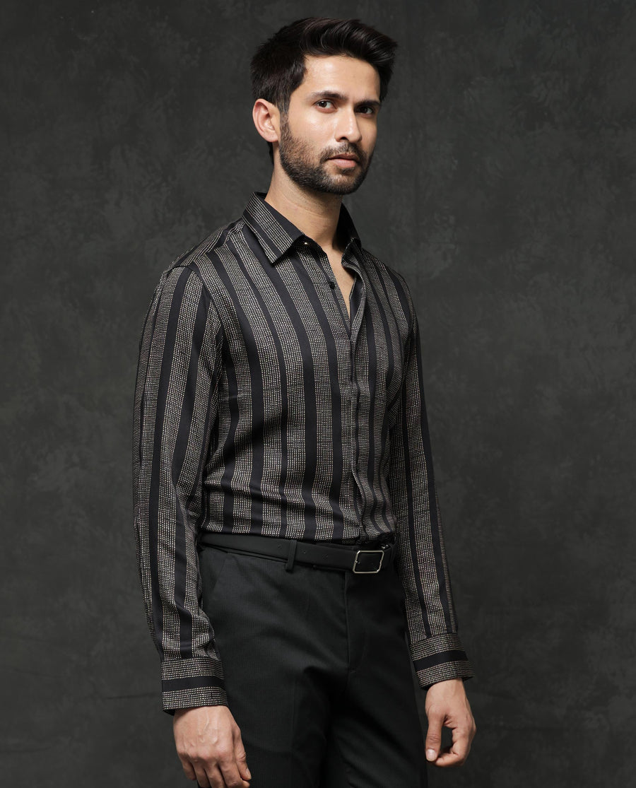 Rare Rabbit Men's Strim Black Viscose Striped Print Regular Fit Full Sleeve Collared Shirt