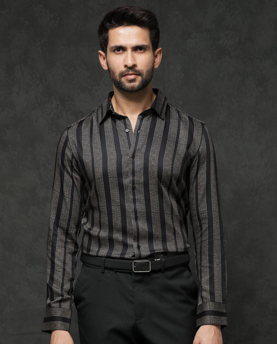 Rare Rabbit Men's Strim Black Viscose Striped Print Regular Fit Full Sleeve Collared Shirt