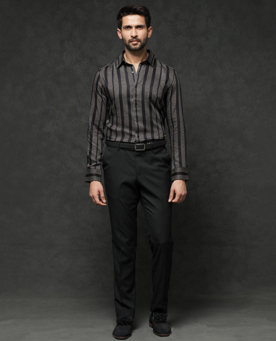 Rare Rabbit Men's Strim Black Viscose Striped Print Regular Fit Full Sleeve Collared Shirt
