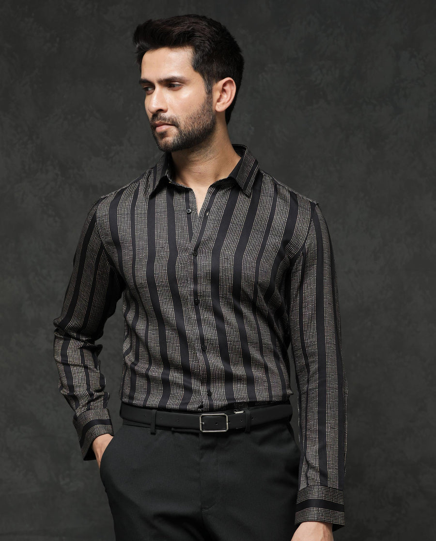 Rare Rabbit Men's Strim Black Viscose Striped Print Regular Fit Full Sleeve Collared Shirt
