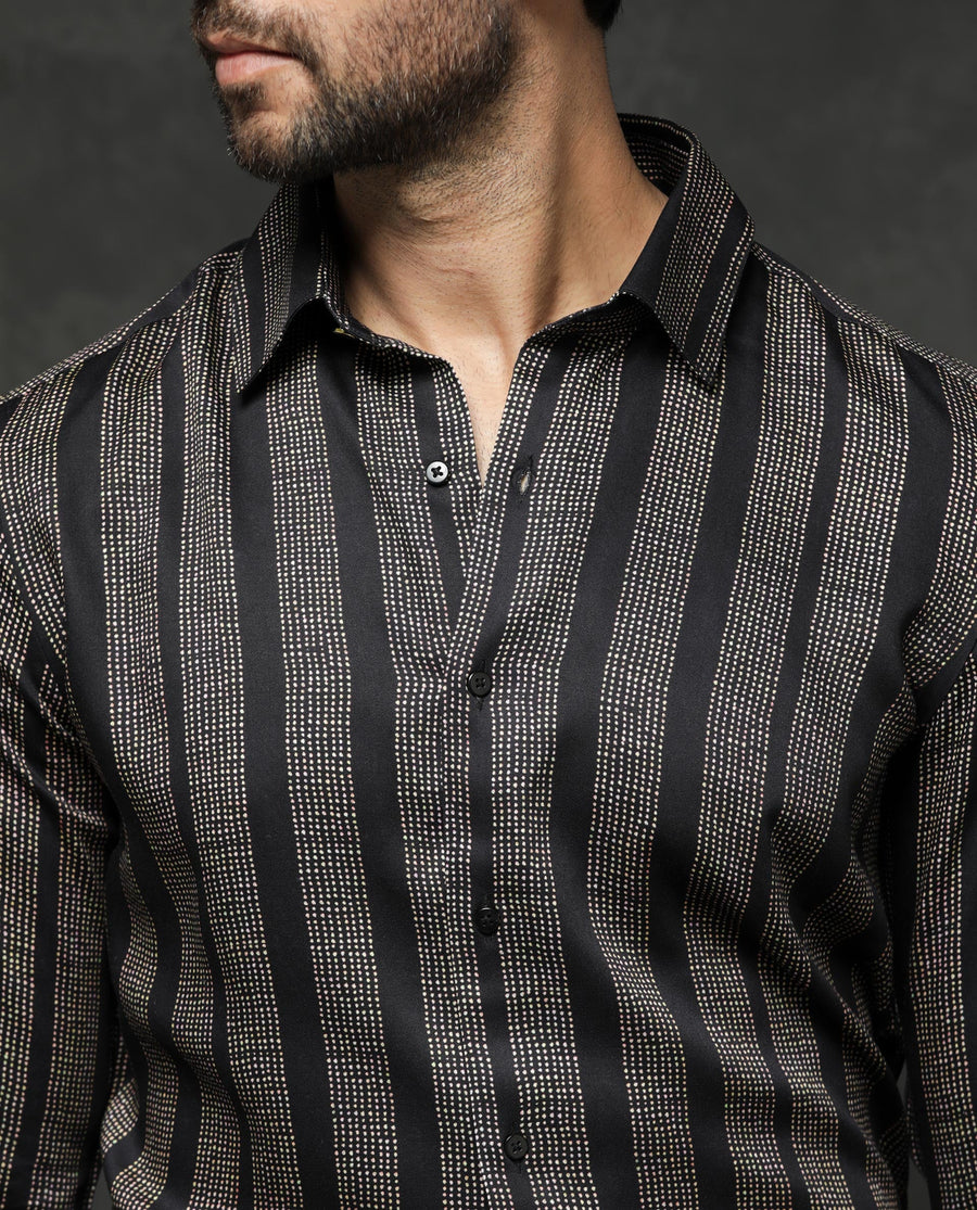Rare Rabbit Men's Strim Black Viscose Striped Print Regular Fit Full Sleeve Collared Shirt