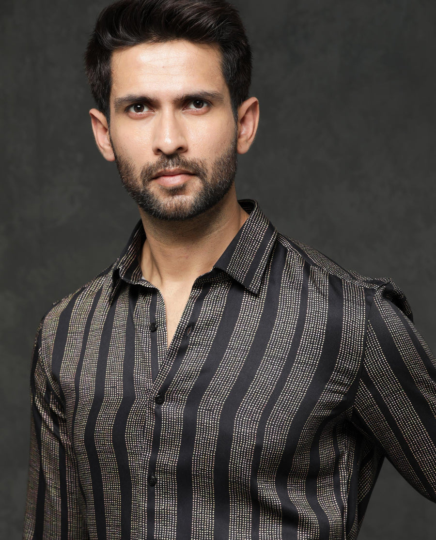 Rare Rabbit Men's Strim Black Viscose Striped Print Regular Fit Full Sleeve Collared Shirt