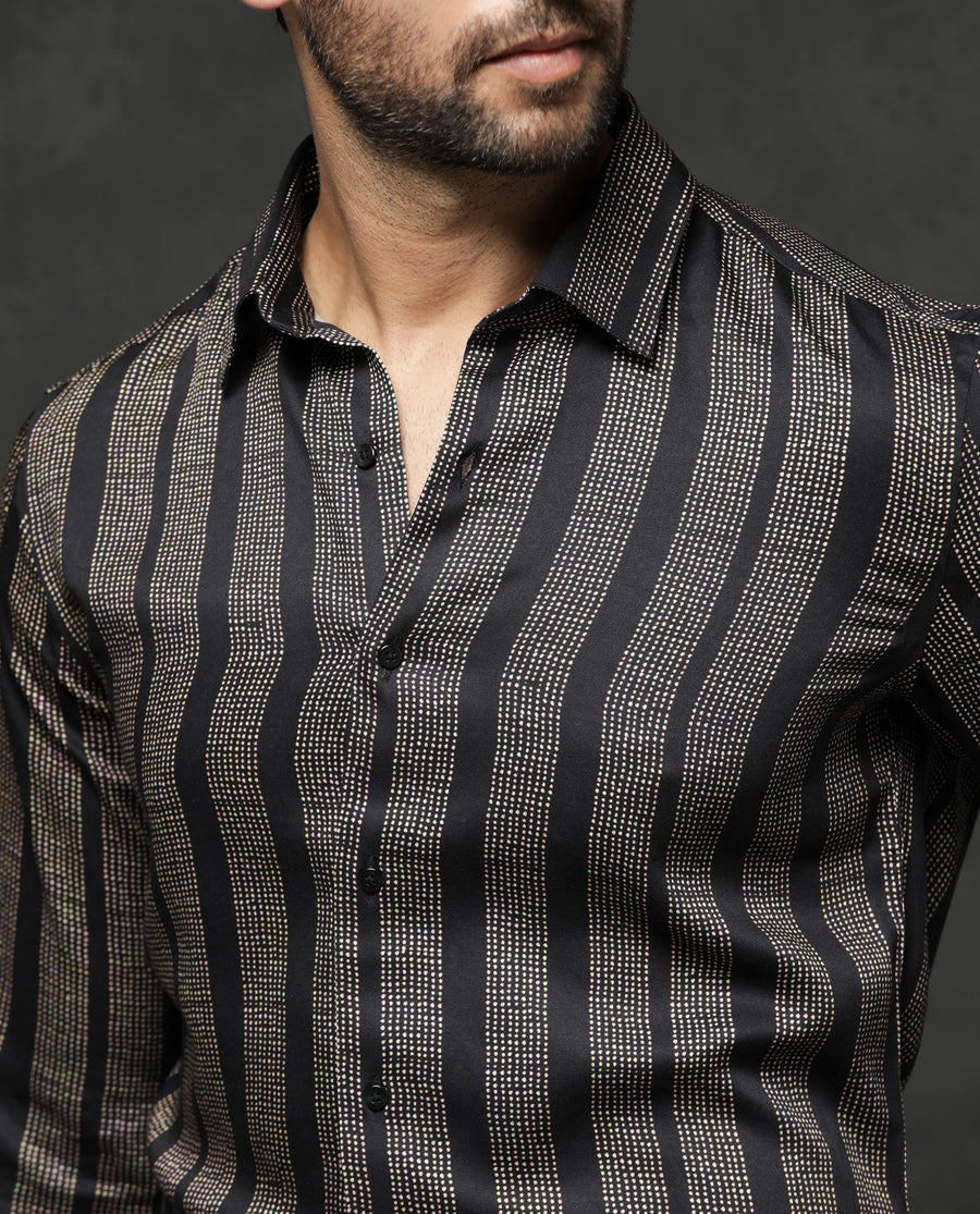 Rare Rabbit Men's Strim Black Viscose Striped Print Regular Fit Full Sleeve Collared Shirt