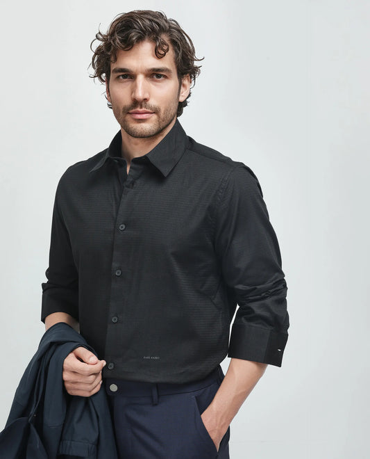 Rare Rabbit Men's Stum Ls Black Cotton Plain Regular Fit Full Sleeve Collared Shirt
