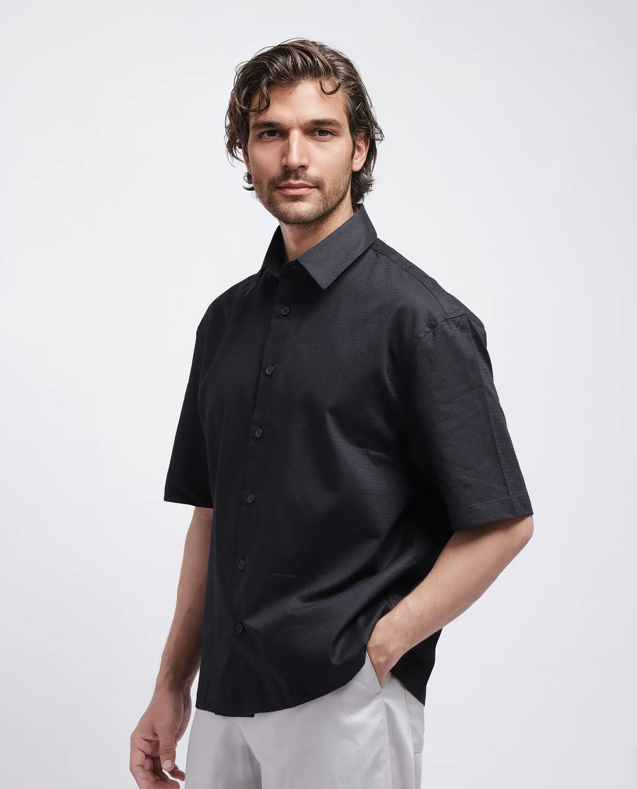 Rare Rabbit Men's Stum Ss Black Cotton Plain Regular Fit Half Sleeve Collared Shirt