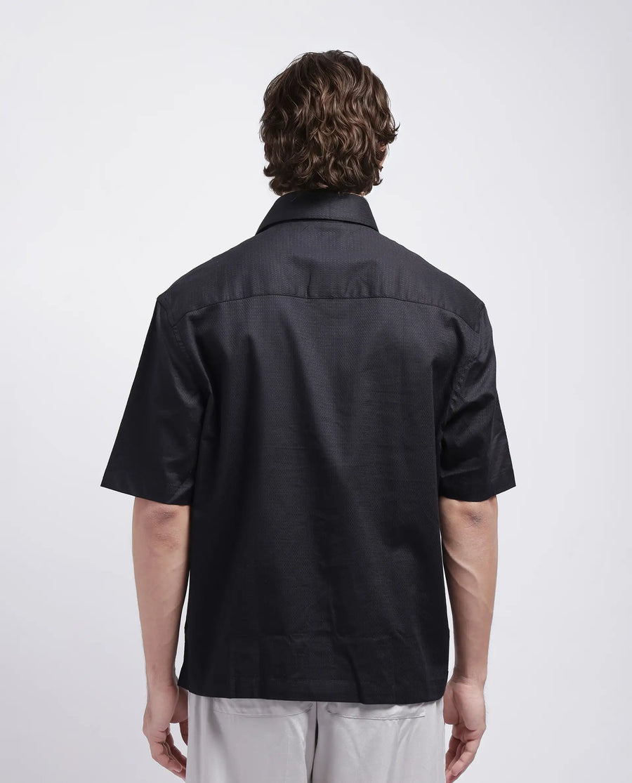 Rare Rabbit Men's Stum Ss Black Cotton Plain Regular Fit Half Sleeve Collared Shirt