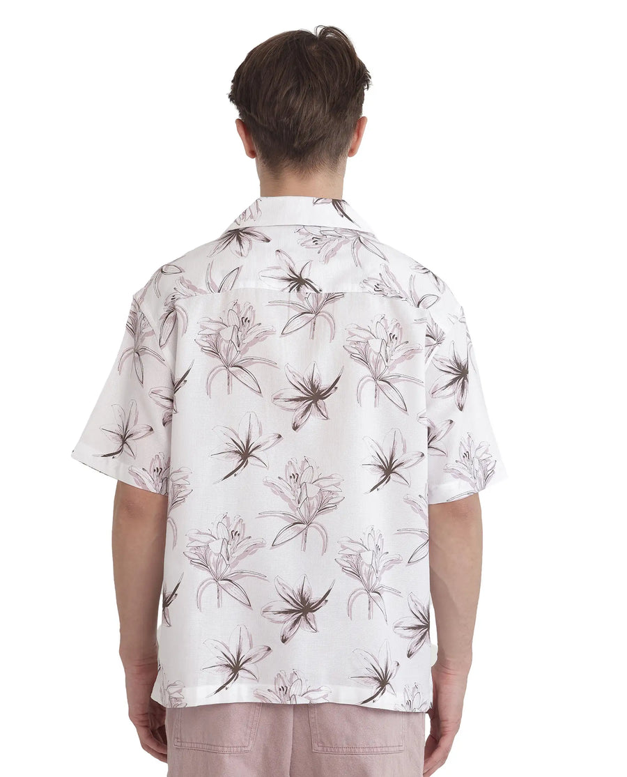 Rare Rabbit Men's Strup White Cotton Floral Print Boxy Fit Half Sleeve Cuban Collar Shirt