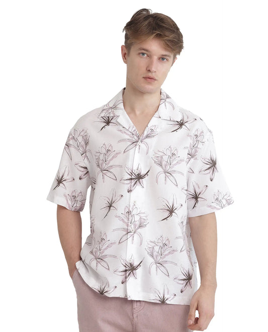 Rare Rabbit Men's Strup White Cotton Floral Print Boxy Fit Half Sleeve Cuban Collar Shirt