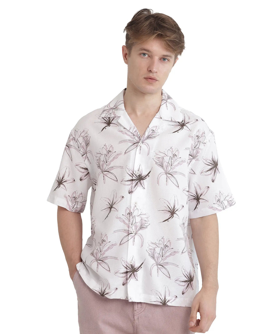 Rare Rabbit Men's Strup White Cotton Floral Print Boxy Fit Half Sleeve Cuban Collar Shirt