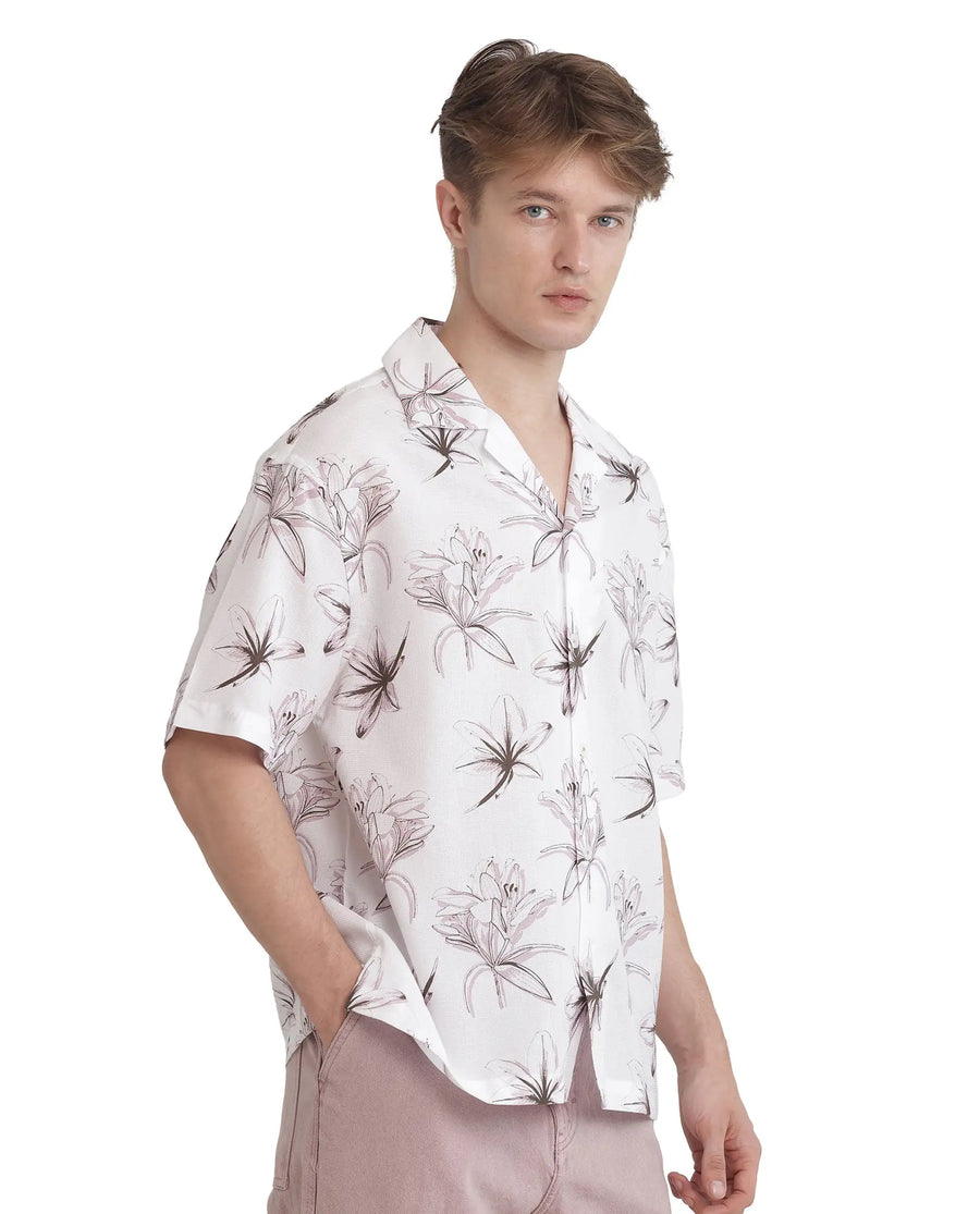 Rare Rabbit Men's Strup White Cotton Floral Print Boxy Fit Half Sleeve Cuban Collar Shirt