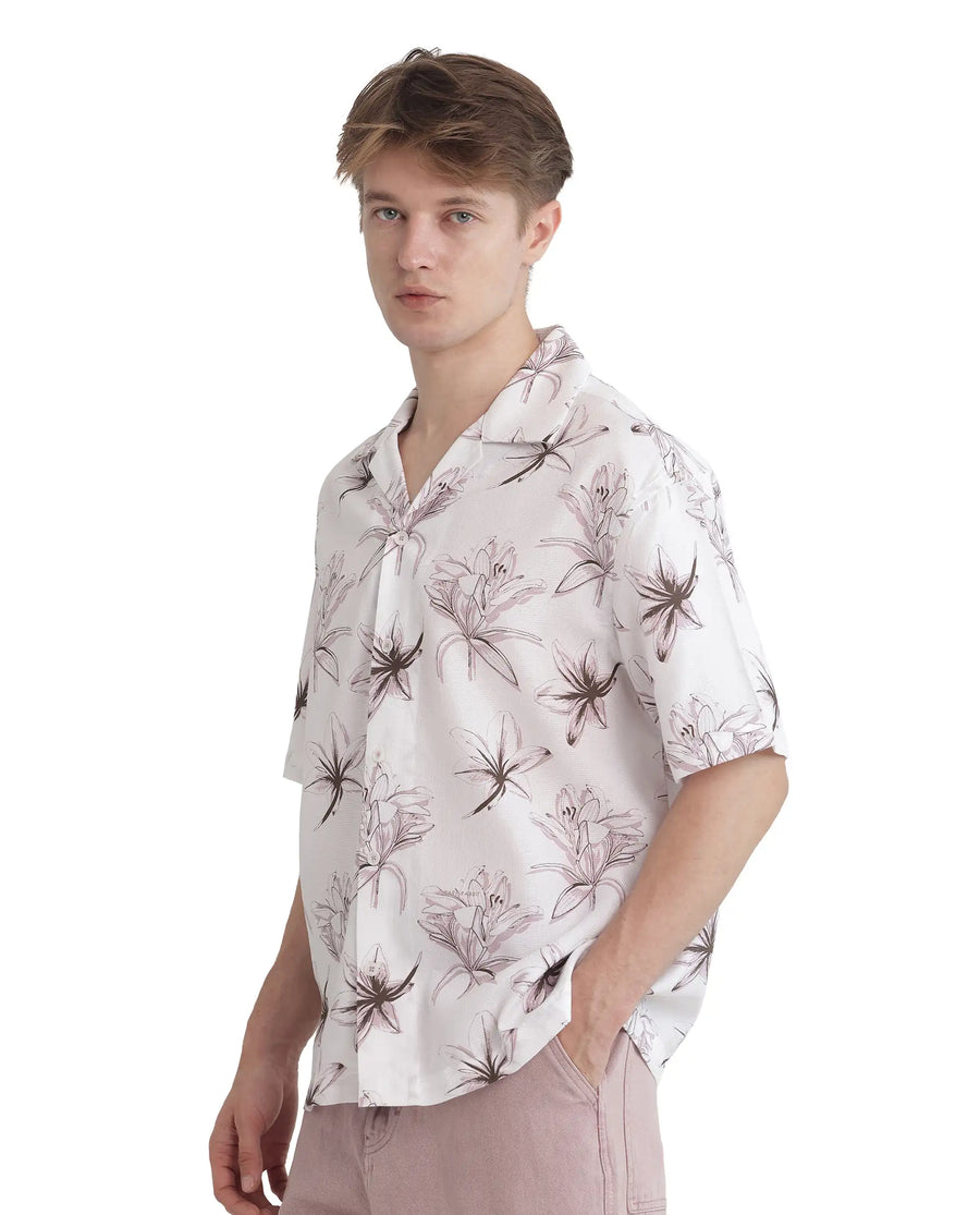 Rare Rabbit Men's Strup White Cotton Floral Print Boxy Fit Half Sleeve Cuban Collar Shirt