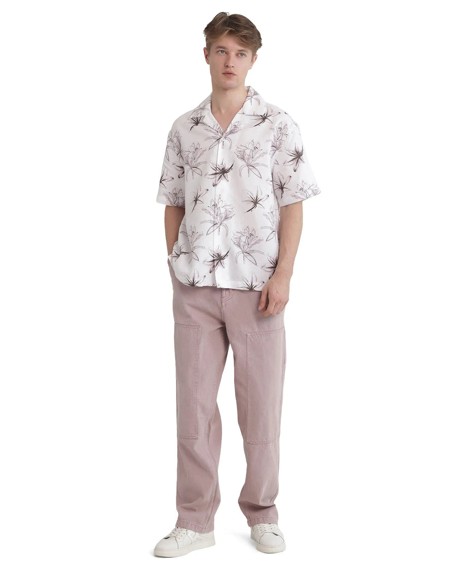 Rare Rabbit Men's Strup White Cotton Floral Print Boxy Fit Half Sleeve Cuban Collar Shirt