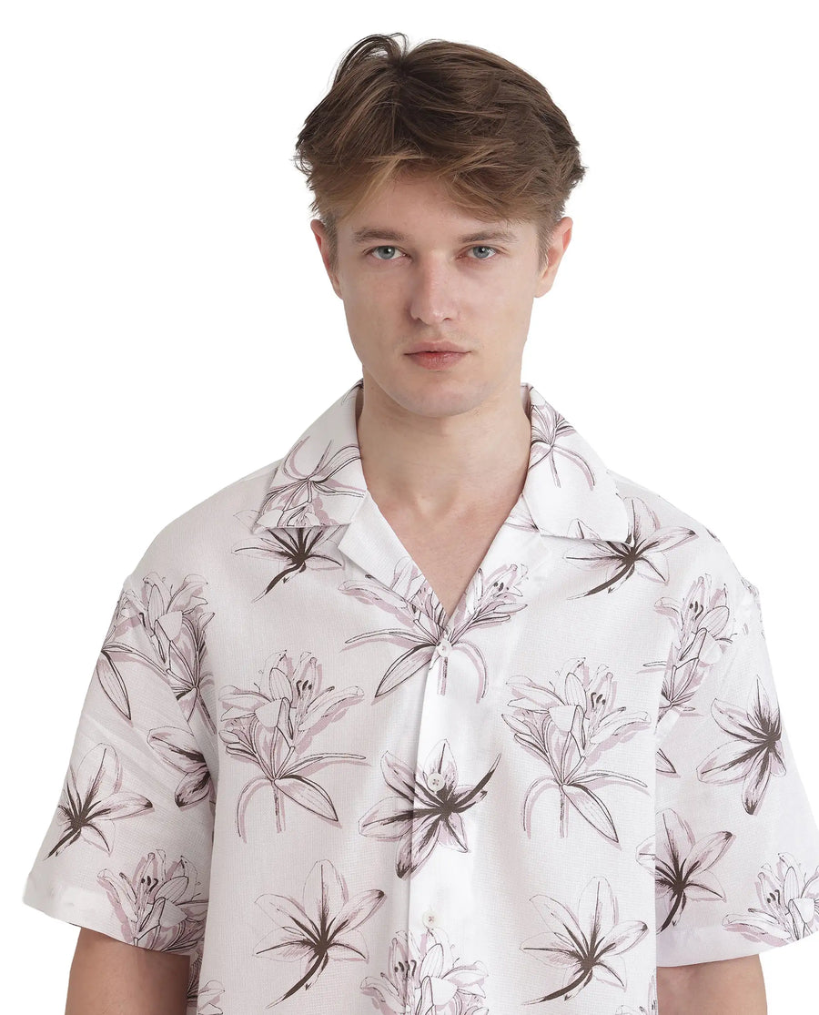 Rare Rabbit Men's Strup White Cotton Floral Print Boxy Fit Half Sleeve Cuban Collar Shirt