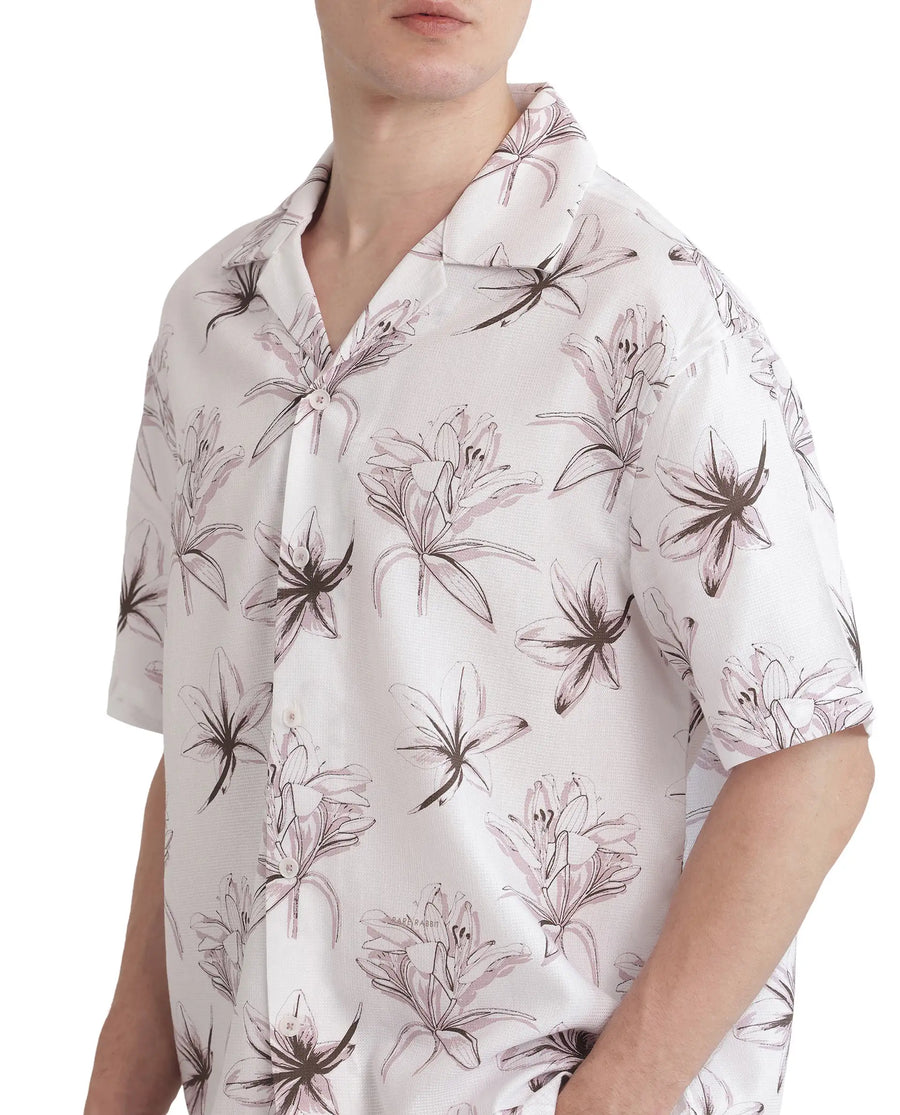 Rare Rabbit Men's Strup White Cotton Floral Print Boxy Fit Half Sleeve Cuban Collar Shirt